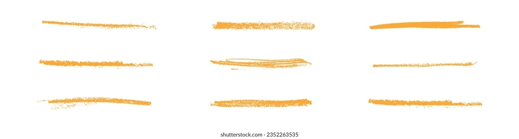 yellow brush strokes set, underscored lines collection, color highlights, featuring hand draw designs. Flat vector illustrations isolated background.