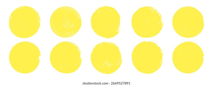 Yellow brush sun circles set. Grunge round stamp collection. Hand drawn crayon abstract elements