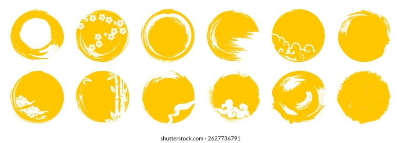 Yellow brush sun rough element set with asian tradition silhouette. Round stamp vector shape isolated on white background. Hand drawn illustration.