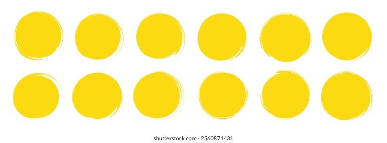 Yellow brush suns. Vector yellow round shaped frames. Watercolor texture frames. Orange color splashes. Distressed summer background. Sun splash illustration. Rough orange brush stroke bg collection