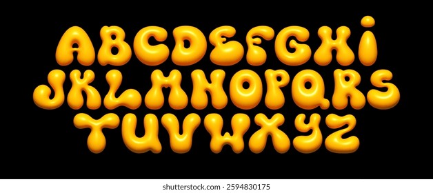Yellow bubble font. Glossy liquid 3D alphabet with shiny effect, for kids' designs, party invitations, and creative typography. Vector set