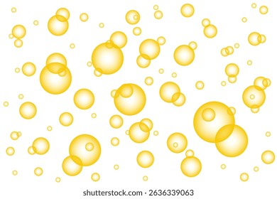Yellow bubble on white background. Realistic glossy gold cosmetic oil drop. Vitamin D3 golden sphere. Orange chewing bubble gum. Serum, keratin, collagen or omega ball. Soap foam. Vector texture.
