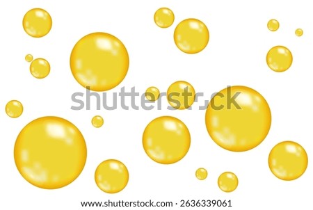 Yellow bubble on white background. Realistic glossy gold cosmetic oil drop. Vitamin D3 golden sphere. Orange chewing bubble gum. Serum, keratin, collagen or omega ball. Soap foam. Vector texture.