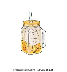 Yellow bubble tea with crushed ice in glass jar - hand drawn summer beverage with pearl balls on bottom. Cold lemon drink with straw - isolated vector illustration.