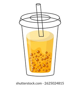 Chá de bolha amarelo com pérolas de tapioca em uma xícara de plástico com uma tampa e um canudo. Ilustração de vetor de férias de verão isolada no fundo branco. Bom para decoração, adesivos e logotipo.