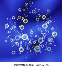Yellow bubbles on blue background. Suitable for beverage, cosmetics, holidays concepts. Vector illustration