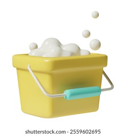 Yellow bucket 3d icon with suds and bubbles. Realistic vector illustration of house cleaning and washing equipment isolated on white background.