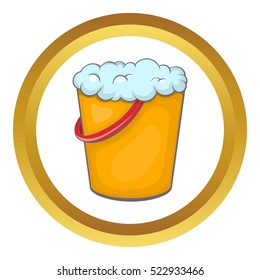Yellow bucket with foamy water vector icon in golden circle, cartoon style isolated on white background