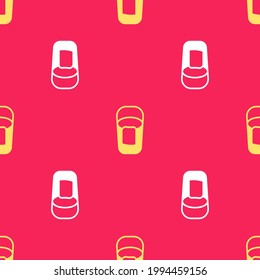 Yellow Bucket with rag icon isolated seamless pattern on red background. Cleaning service concept.  Vector