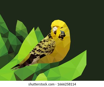 Yellow Budgie Parrot Bird Low Polygon On Green Leaf Background, Colorful Cockatoo Modern Geometric Icon, Black Wings Parakeet Pet Crystal Design Illustration.