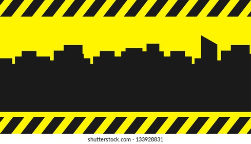 yellow building background with city and construction symbol - place for text