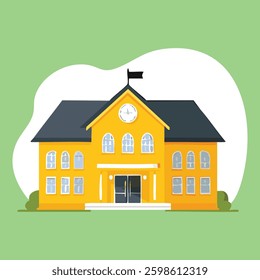 Yellow building with clock tower and black flag on green background