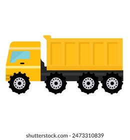 Yellow building dump truck vector image, flat design illustration, cartoon construction truck isolated on white background