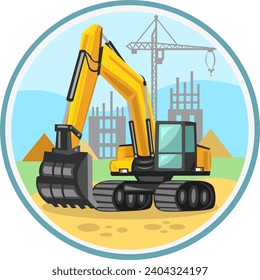 Yellow building excavator vector image in circle with construction area background during excavating, digging works. Construction trucks collection