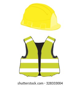 Yellow building helmet and vest vector set, protective workwear, worker
