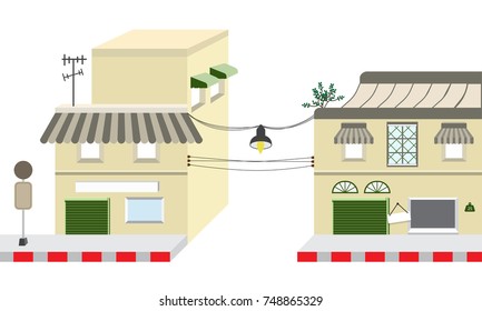 Yellow building on the road style vintage. 2 story commercial building There are electrical wires connecting the building on white background. Vector ,illustration. 