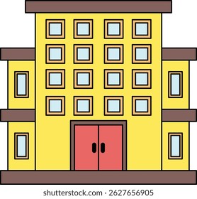 Edifício amarelo com ilustração de portas duplas vermelhas