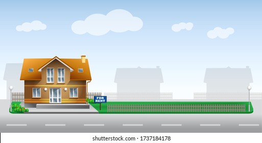 Yellow building for rent against the blue sky, road and green lawn. Template for real estate