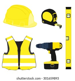 Yellow building set with bubble level, building helmet, vest, tape measure, protective workwear and handrill