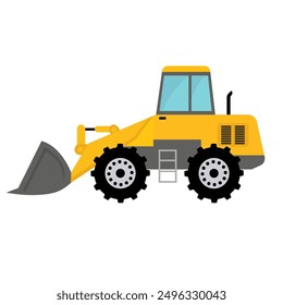 Yellow building wheel frontal loader vector art, front loader excavator icon flat illustration, bulldozer heavy construction vehicle clip art