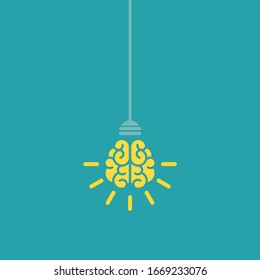 Yellow bulb with brain and rays on nlue background. New idea, intellect sign. smart, clever, creative symbol. Vector illustration.  Knowledge, solution, innovation sign