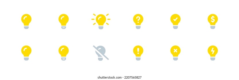 Yellow bulb icon set. Lightbulb symbol. Idea concept sign. Line bulb checkmark in vector flat style.