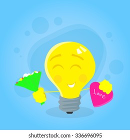 Yellow Bulb Light Hold Flowers Bouquet Candy Box Gift Cartoon Character Concept Emotion Happy Smile Face Flat Vector Illustration