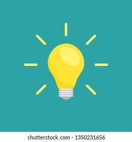 Yellow bulb with rays. flat icon isolated on blue background. Imagination icon.  New business idea. Vector illustration. Invention logo.