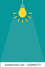 Yellow bulb with rays and light beam on blue background. vertical background.  New business idea. Flat vector illustration. Invention logo. Wallpaper for placard, poster or presentation.