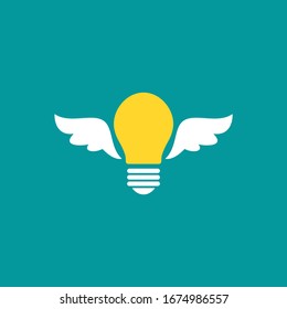 Yellow bulb with wings . flat icon isolated on blue background. Imagination, fantasy icon.  Know how sign. New business idea. Vector illustration. Invention logo.
