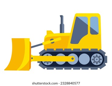 Yellow bulldozer in flat style on white background. Vector isolated illustration. Dozer icon.