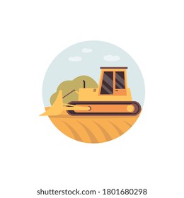 Yellow bulldozer on field - harvester machine or agricultural vehicle with loader scoop or curved blade working on summer farm. Flat vector illustration in circle frame.