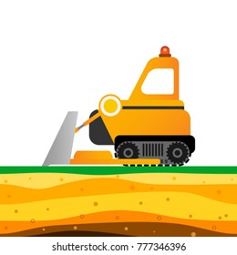 Yellow bulldozer on white background. Mining industry. Industrial illustration. Layers of the earth