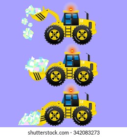  Yellow bulldozer performs different functions your bucket. Vector illustration