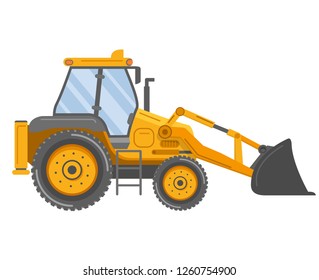 Yellow bulldozer tractor.Construction machine.Manufacturing Equipment. Industrial vehicle.Isolated on white.Side view.Flat vector.