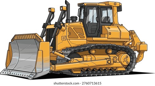 Yellow bulldozer vector illustration, heavy construction equipment, earthmoving machinery, industrial machine, tracked vehicle, engineering design, construction site tool, silhouette