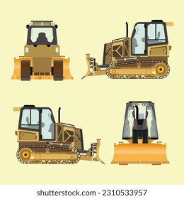 Yellow bulldozer with view from front, side and back view isolated on light yellow background. Construction vehicle vector mockup