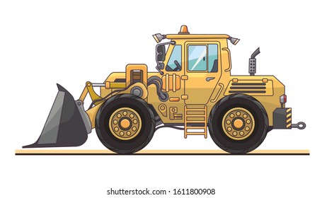 Yellow bulldozer, wheel machine, colorful vector illustration, tractor front metal shield, cartoon contour image isolated on white background