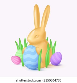 Yellow bunny, rabbit sitting in grass with blue, purple, pink, green eggs with stripes. Happy Easter poster. Vector illustration for card, party, design, flyer, banner, web, advertising.
