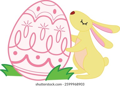 A yellow bunny sitting next to a large pink Easter egg on a grassy field.