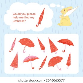 Yellow Bunny thinking about missing Red Umbrella with white polka dots. Help find matching one among different Umbrellas. Educational puzzle game for kids. Flat cartoon vector illustration.