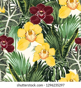 Yellow, burgundy orchid tropical exotic flower seamless pattern. Realistic floral illustration with palms monster leaves. White background.