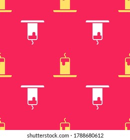 Yellow Burning candle icon isolated seamless pattern on red background. Cylindrical candle stick with burning flame.  Vector