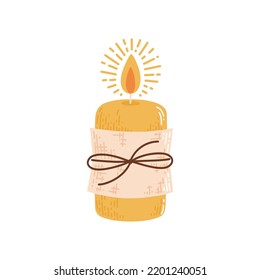 Yellow burning candle with linen canvas wrap. Vector autumn concept illustration. Perfect for icons and stickers.