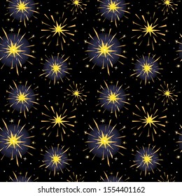 Yellow burning sparklers isolated on black. Indian firework with gold sparks, snowflakes and glow.  Colorful seamless pattern for design banner, flyer, card for party, birthday, celebration. Vector 