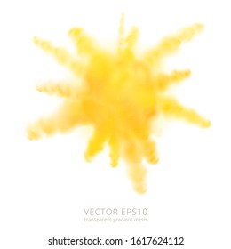 Yellow burst. Explosion of  fresh juice  or color powder. Volume splash of golden pigment. Transparent fluffy cloud of dye. Realistic vector blast of dry paint that is thrown during the Holi festival
