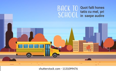 yellow bus back to school autumn pupils transport concept on cityscape background flat copy space horizontal vector illustration