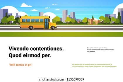yellow bus back to school pupils transport concept on cityscape skyscraper background flat copy space horizontal vector illustration