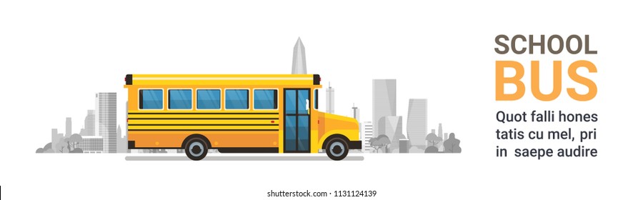 yellow bus back to school pupils transport concept on cityscape skyscraper background flat copy space banner vector illustration