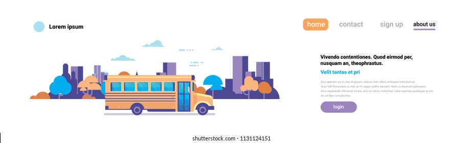 yellow bus back to school pupils transport concept on cityscape background flat copy space banner vector illustration